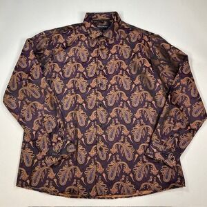 Barry Wang Mens XL Purple Gold Paisley Silk Jacquard Long Sleeve Button Up Shirt